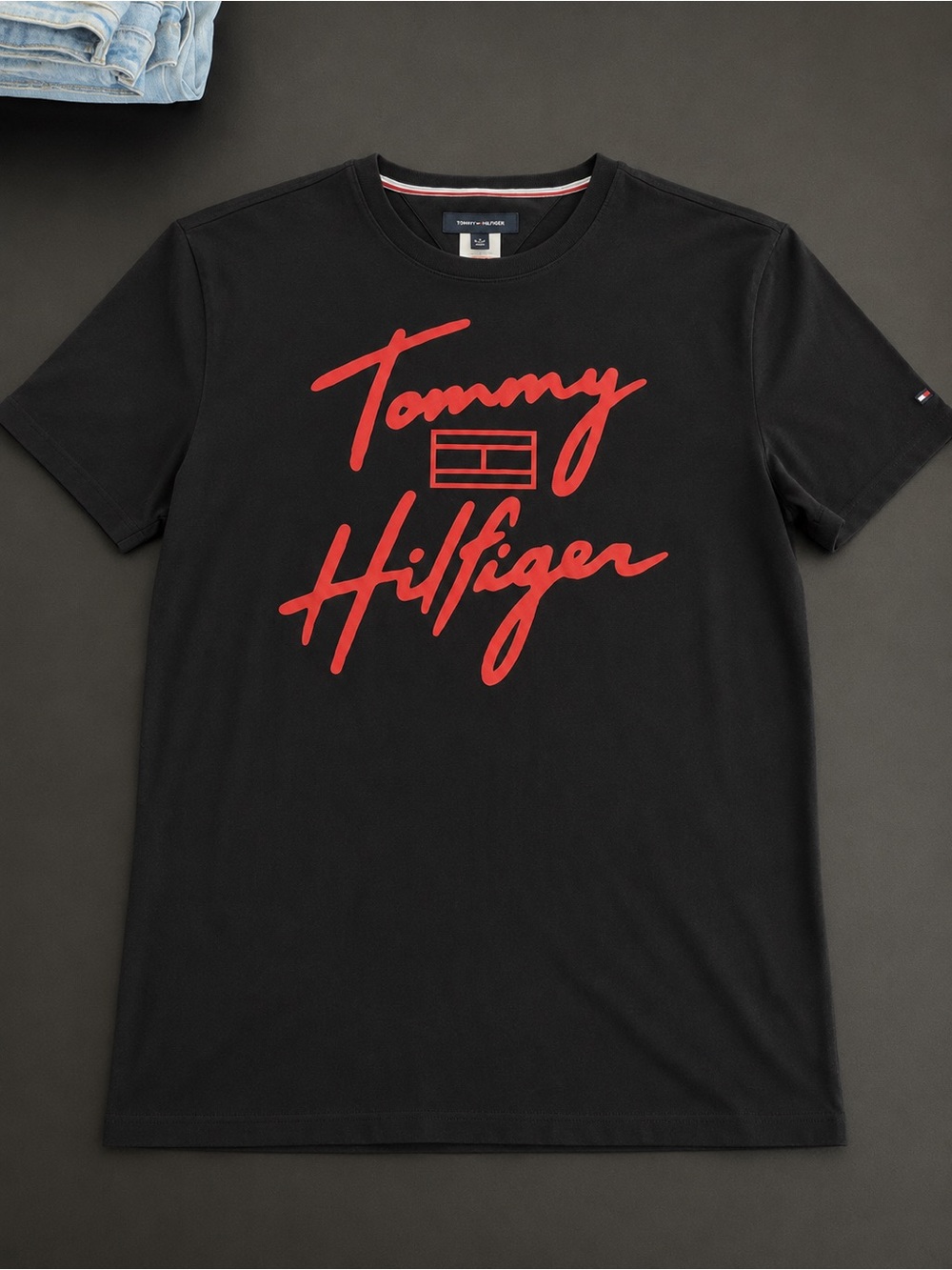 Tommy Hilfiger Black Short-Sleeve Tee with Red Script Logo